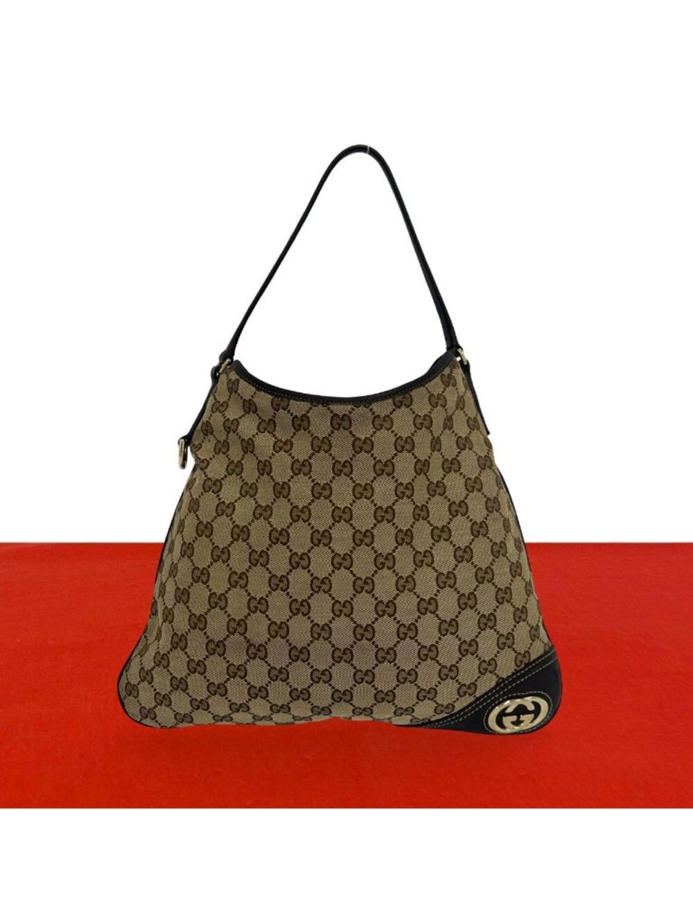 Gucci Interlocking G GG Pattern Logo Canvas Leather Shoulder Bag Tote Brown